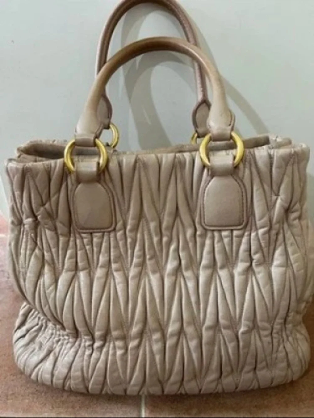 Miu Miu Cream Quilted Ruched Leather Tote with Gold Hardware